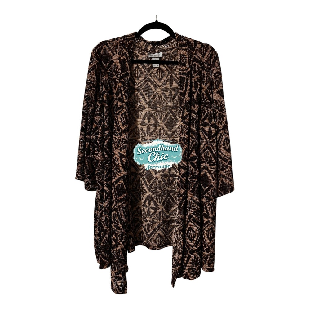 Catherines Womens 1X Cardigan Brown Geometric Open Front Knit‎ Kimono Wrap 18/20